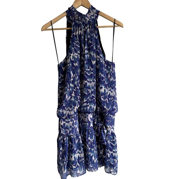 Lavender Brown Metallic Shimmer Neck Tie Halter Mini Dress Navy Multi S - Picture 2 of 13